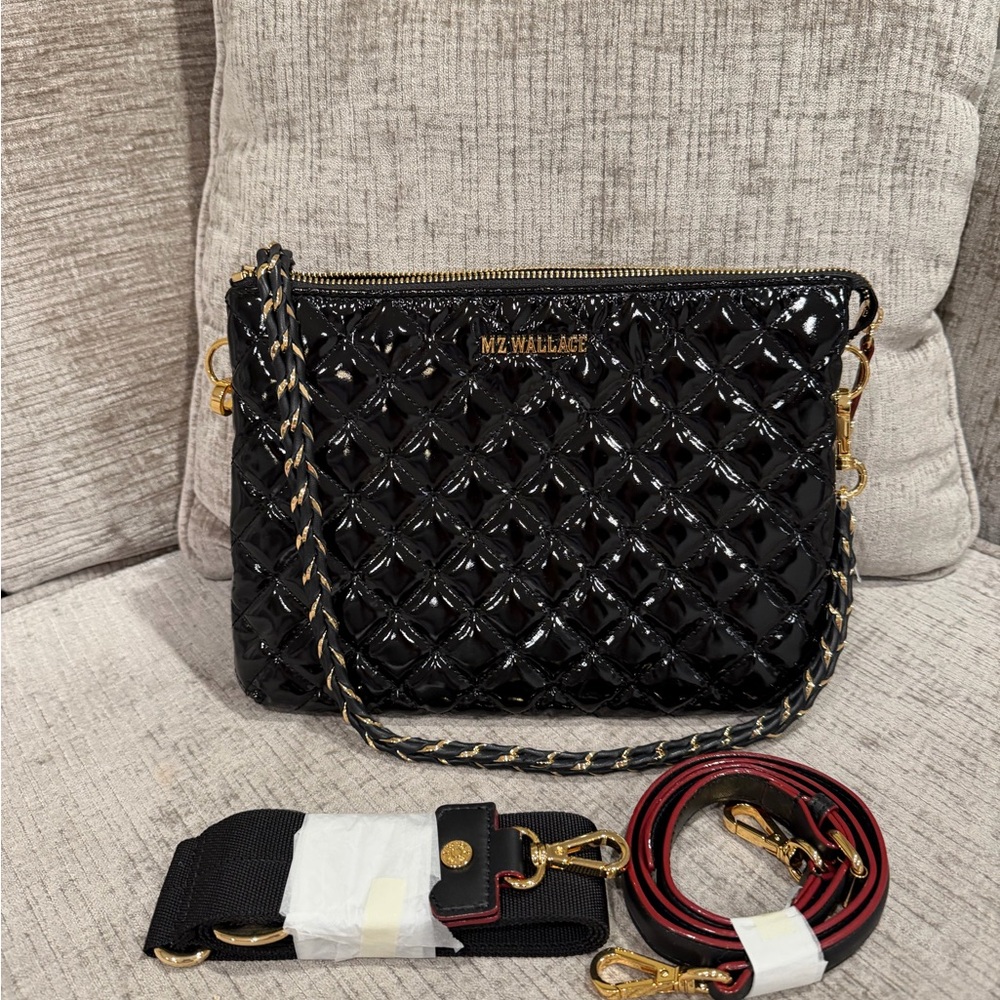 ⭐️ MZ WALLACE Crosby Pippa crossbody  Bag In Black Lacquer/gold NEW  3 straps - Picture 7 of 16